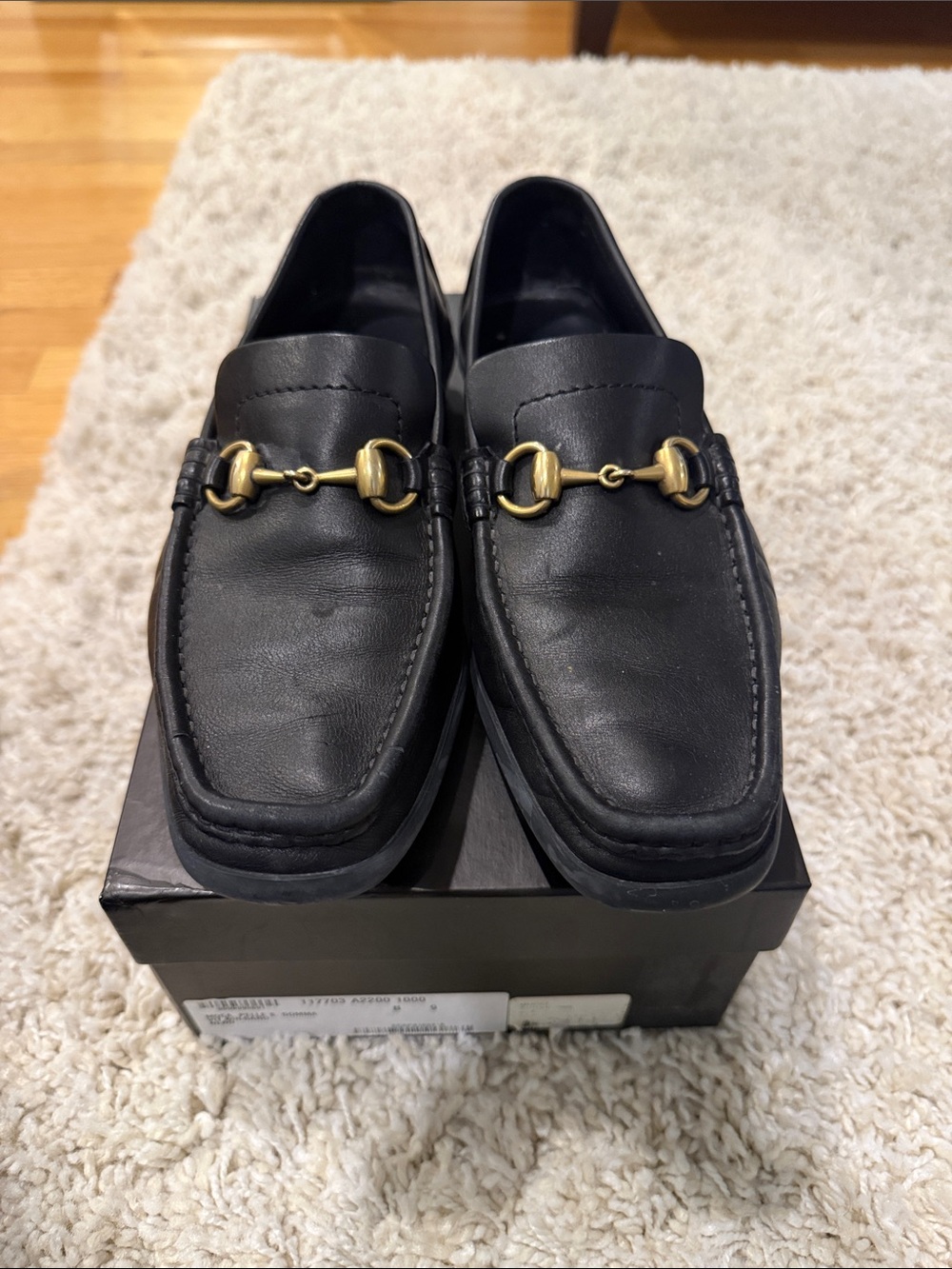 Gucci Black Leather Horsebit Loafers with Gold Hardware